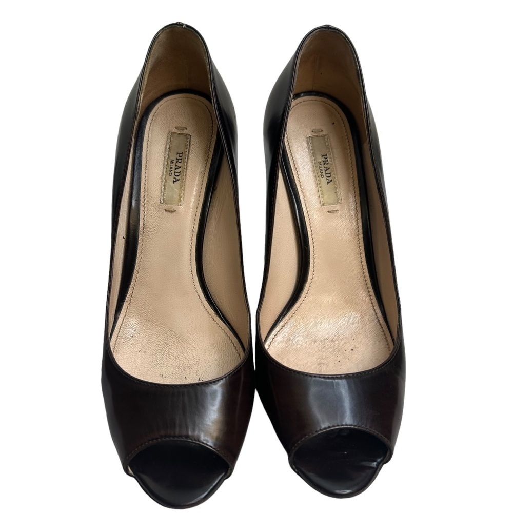 Prada Spazzolato Fume Brown Platform Pumps Peep Toe Rare Sz US 37 EUC $550 - Picture 11 of 16